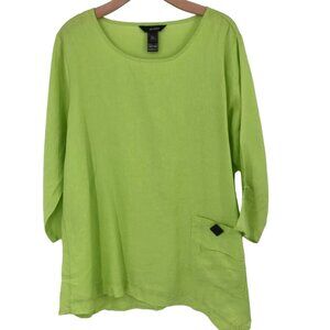Ali Miles Womens top linen tunic Lime Green Pocket Detail Size Large 100% Linen
